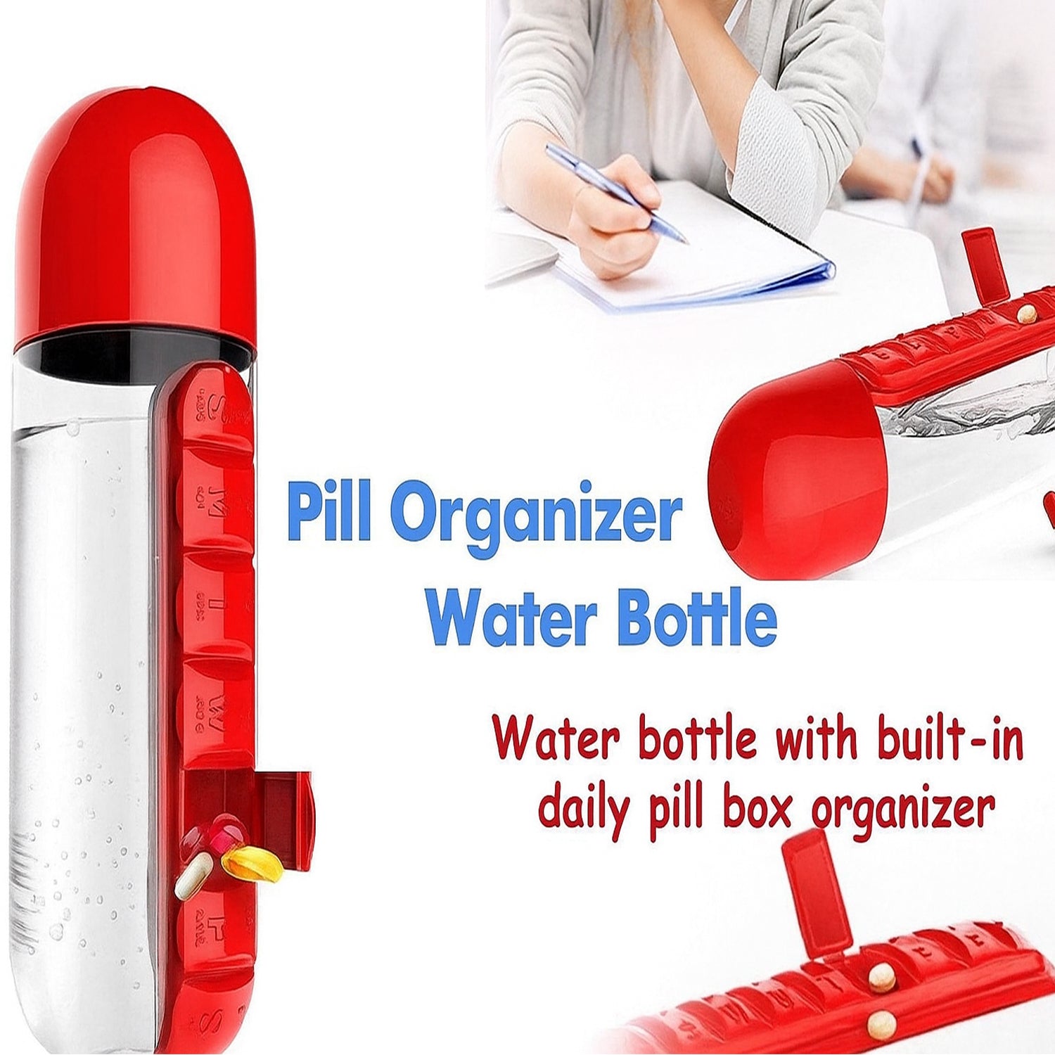 Water Bottle with 7-Day Pill Organizer – 900ml (1 Pc)