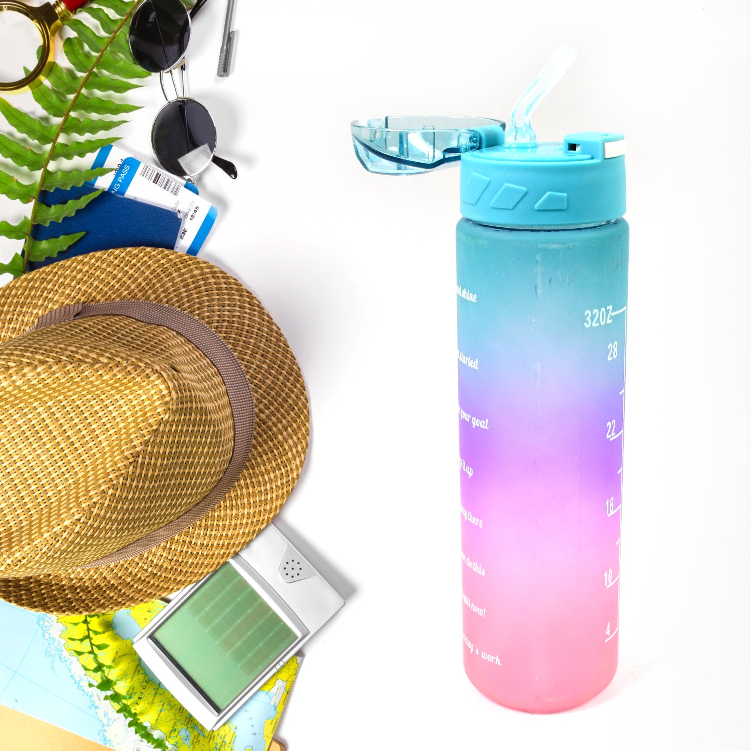Colorful Motivational Plastic Water Bottle with Straw – 900ml