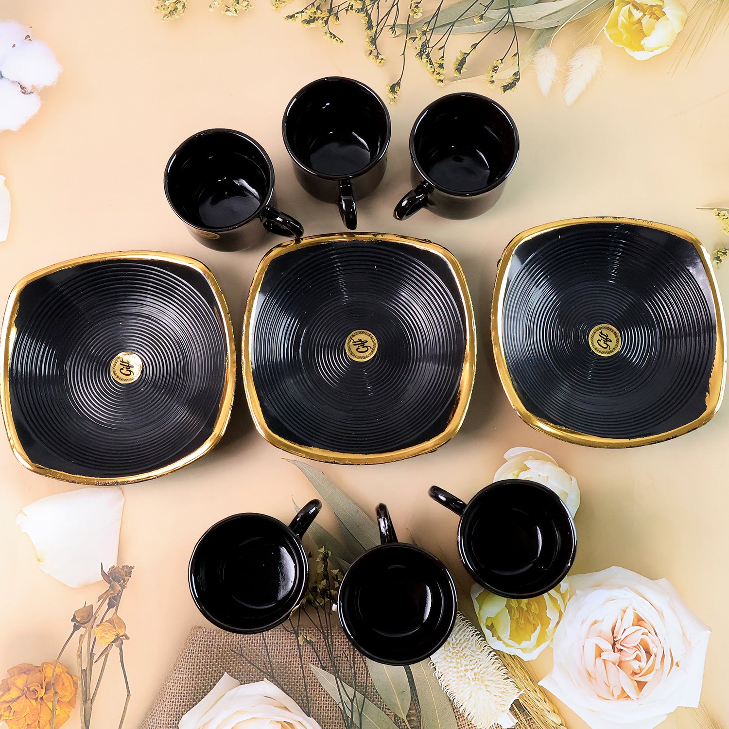 Sweet Buzz Ceramic Tea & Coffee Mug Set with Seashell Bowl – 9 Pcs, Ideal Gift