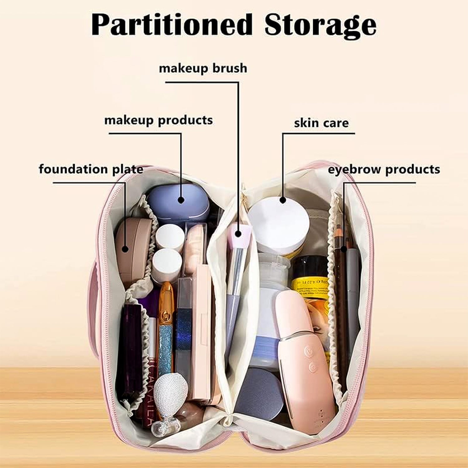 Premium Peach Travel Makeup Toiletry Organizer Pouch with Zipper Handle