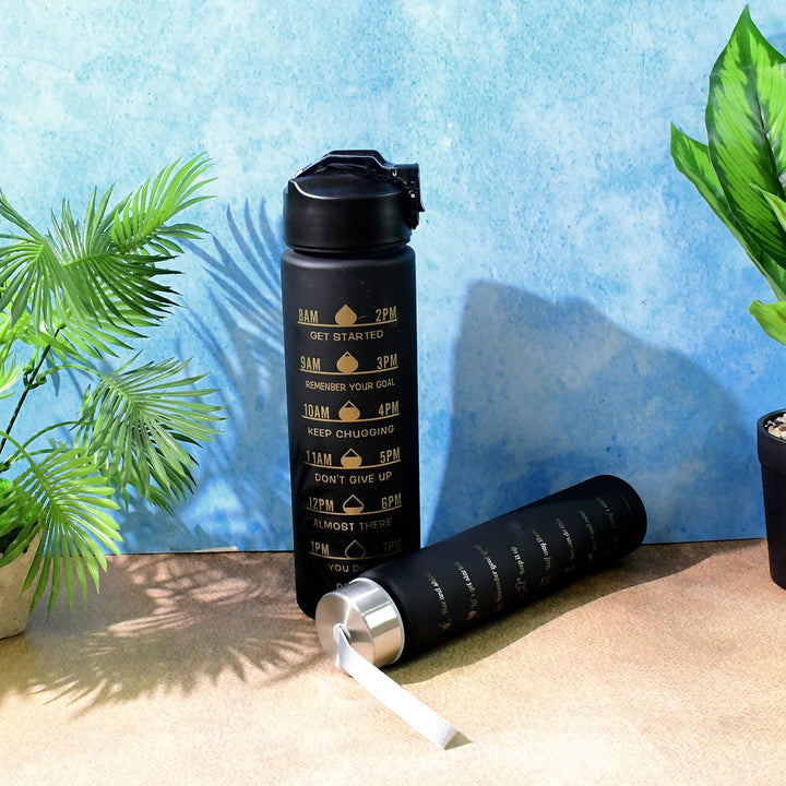 2 Pc Premium Black Motivational Water Bottle Set 900ml and 300ml