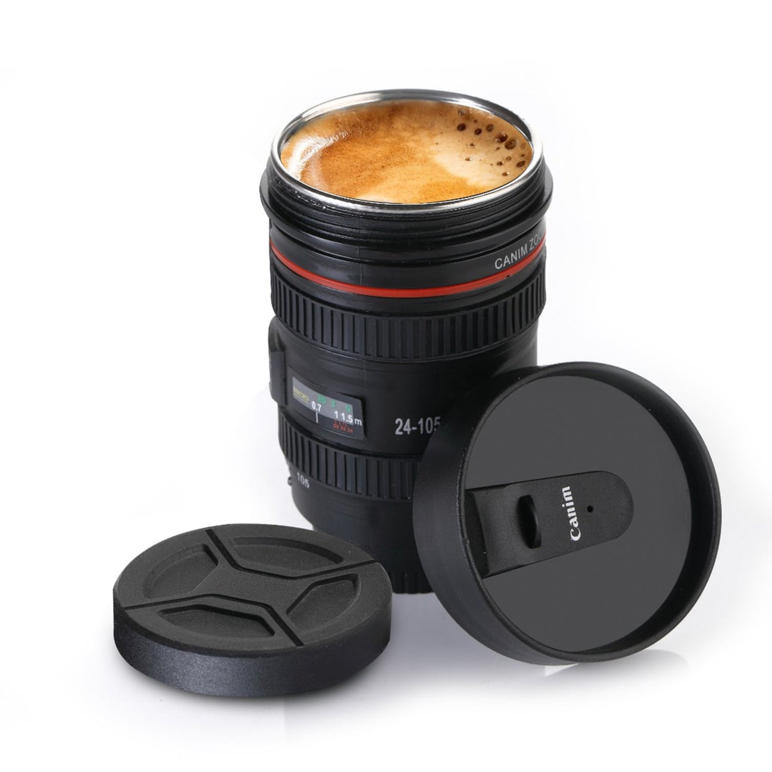 Stainless Steel Coffee Mug with Plastic Camera Lens Design