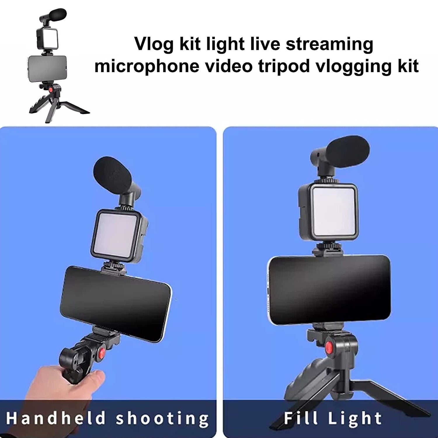 Vlogging Kit for Videos – Mic, Tripod, LED Light & Phone Holder