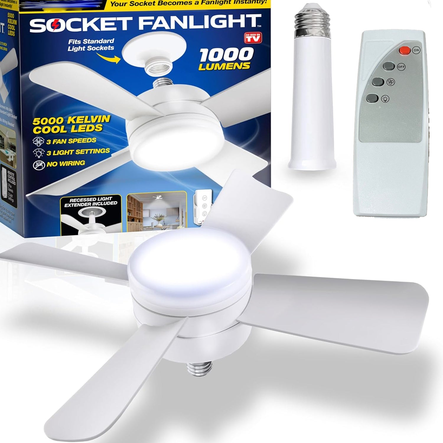Socket Fan Light – Cool LED Ceiling Fan with Remote, 1000 Lumens