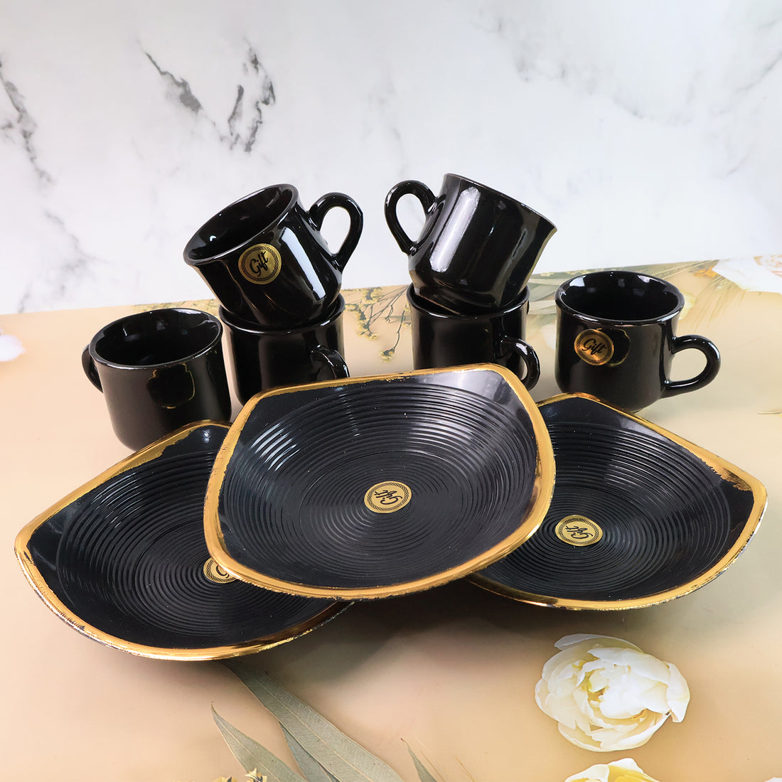 Sweet Buzz Ceramic Tea & Coffee Mug Set with Seashell Bowl – 9 Pcs, Ideal Gift