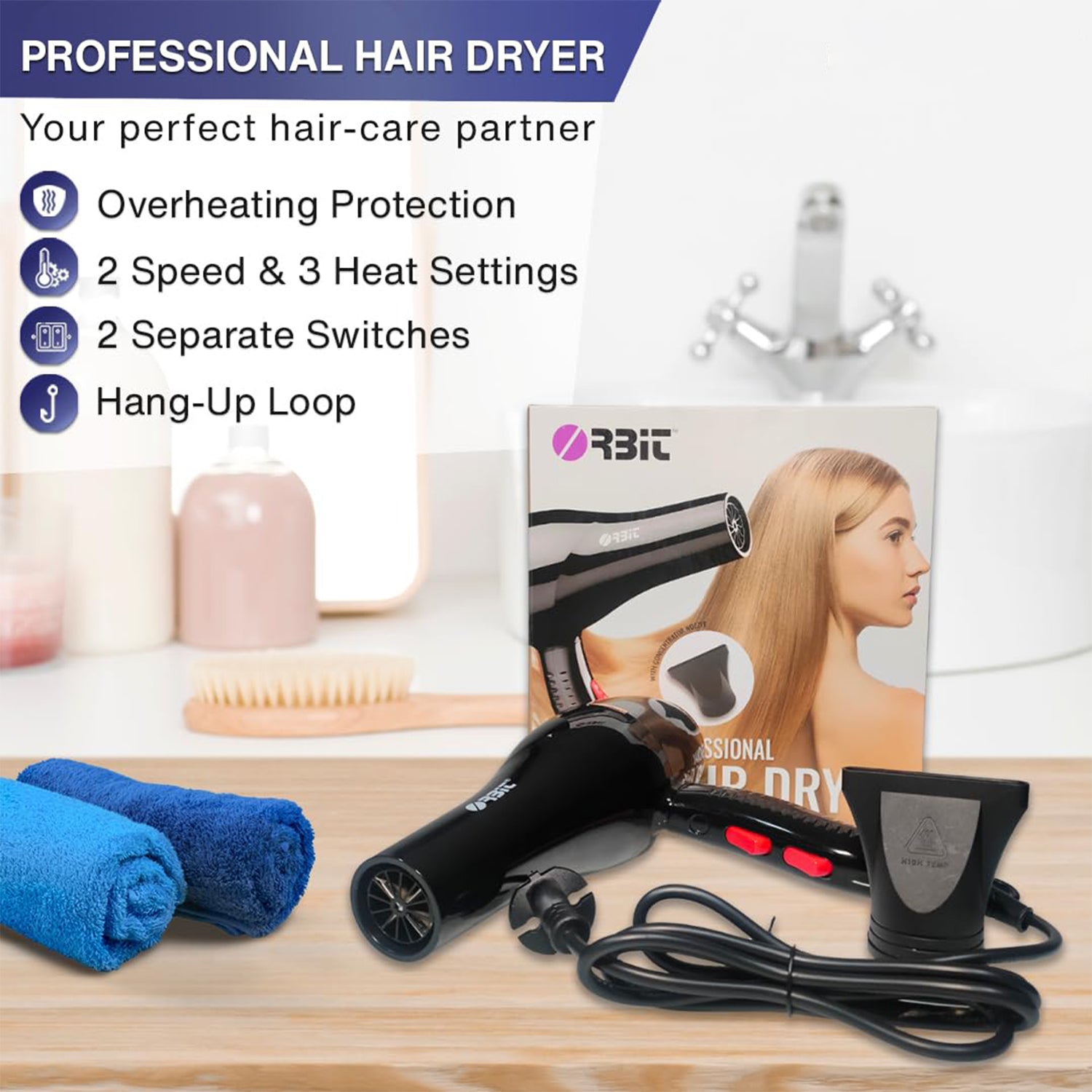 Orbit Professional Electric Hair Dryer – With Concentrator Nozzle (1 Pc)