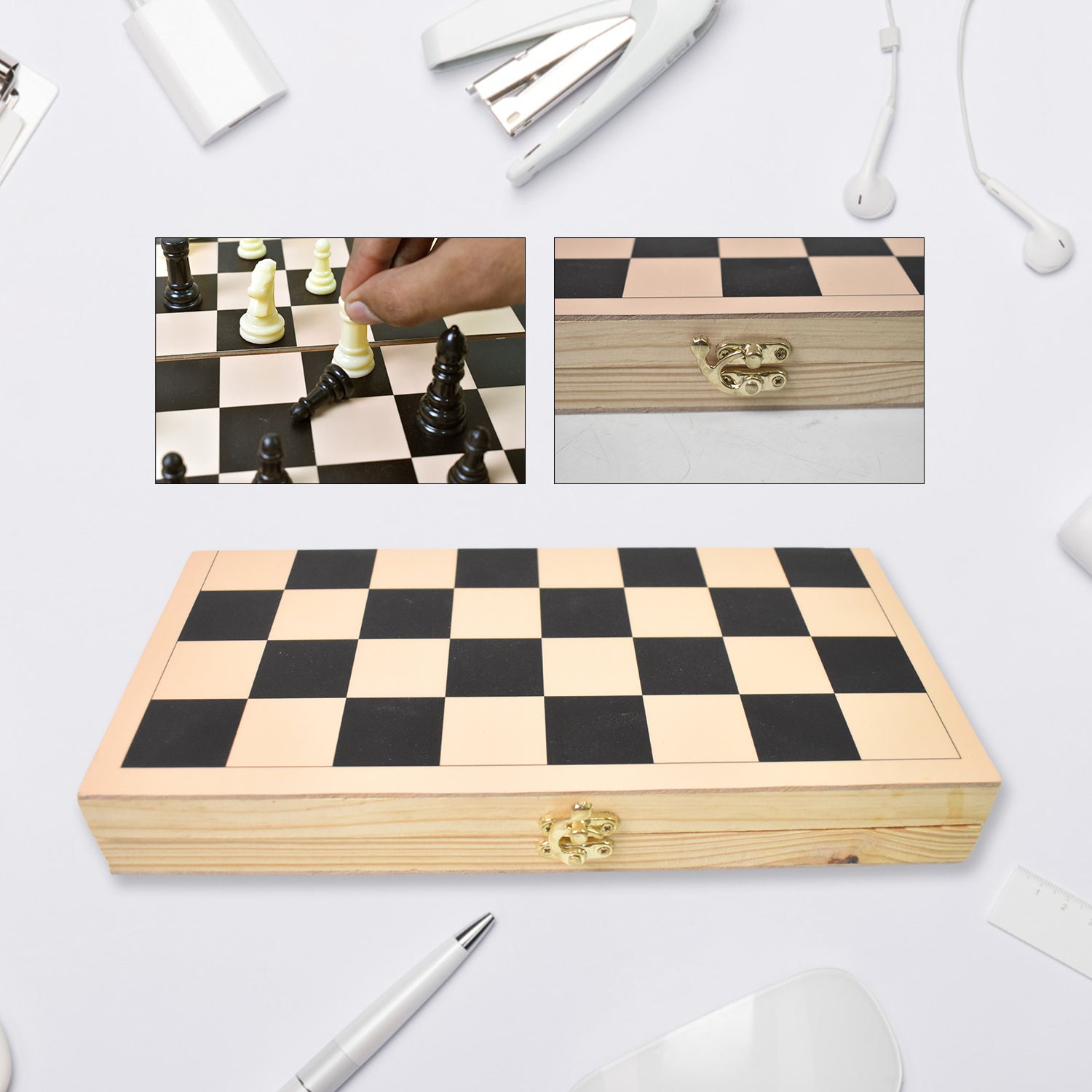 Folding Wooden Chess Set - 30x30 cm, Complete Set for Play & Storage