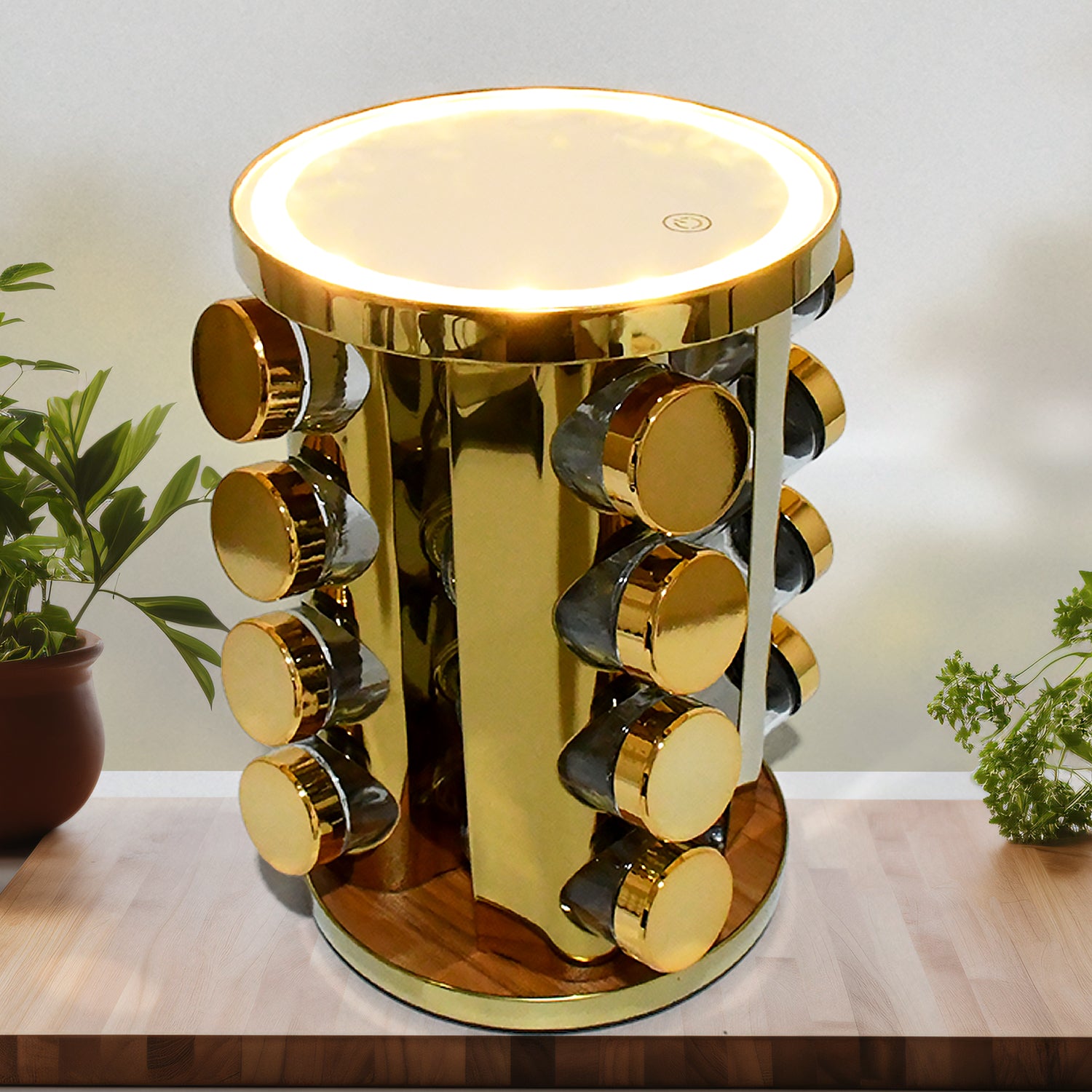 LED Rotating Spice Rack Organizer with 16 Jars – Golden Kitchen Set