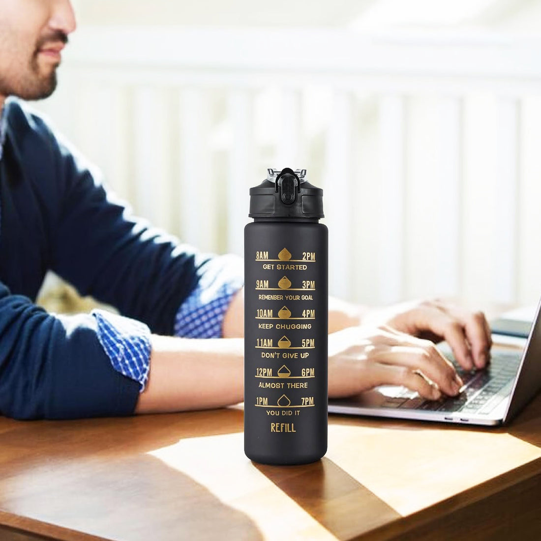 2 Pc Premium Black Motivational Water Bottle Set 900ml and 300ml