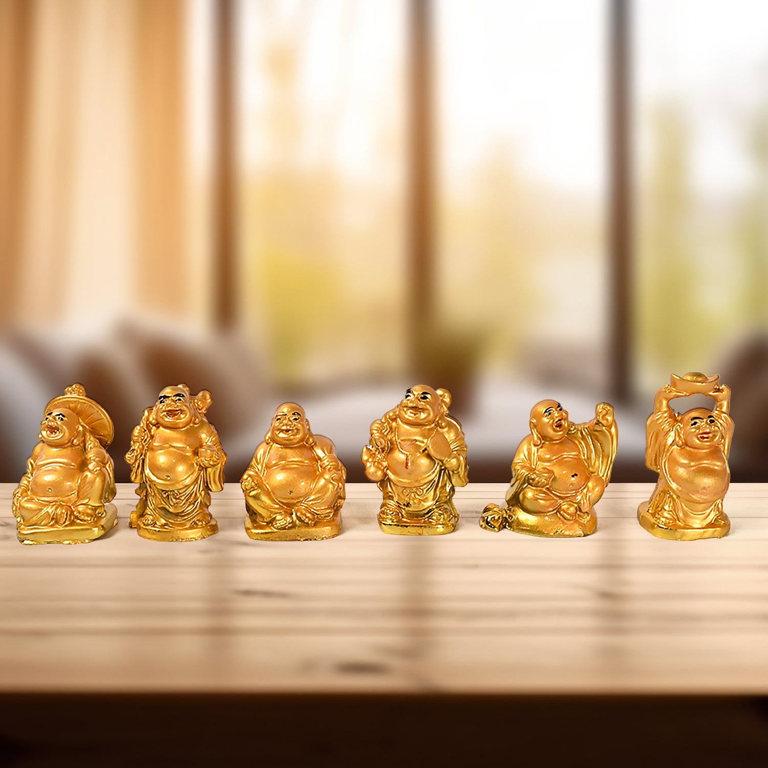 Golden Laughing Buddha Set – 6-Piece Decor for Wealth & Luck