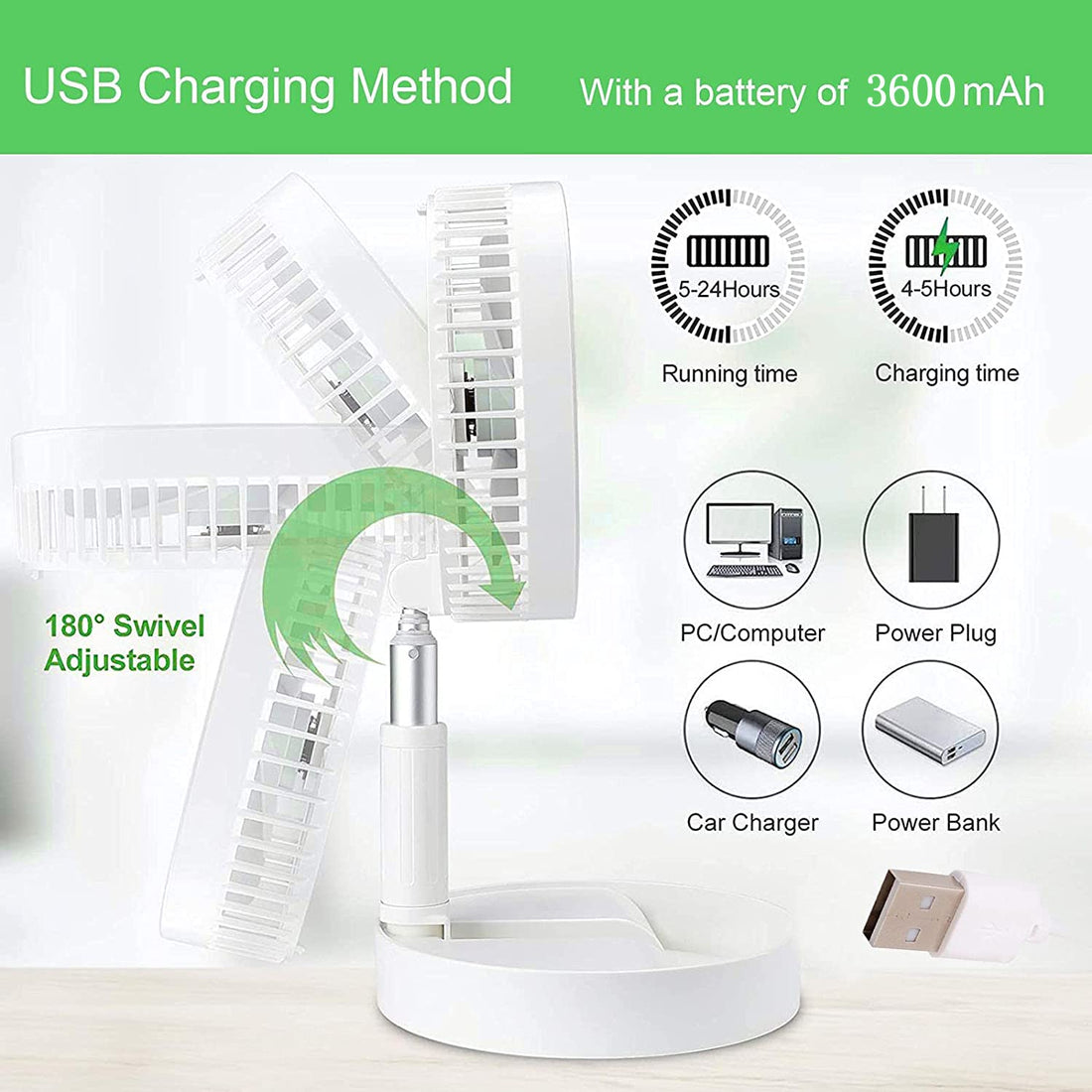 Telescopic Foldable Desktop Fan – Height Adjustable, Silent & Portable