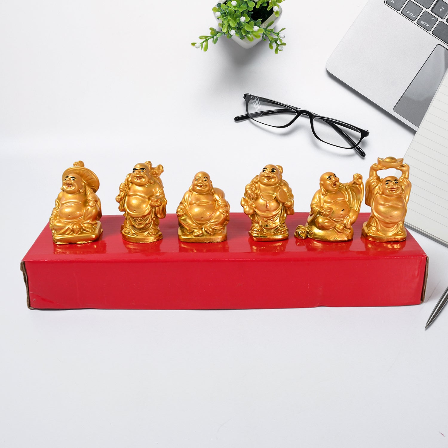 Golden Laughing Buddha Set – 6-Piece Decor for Wealth & Luck