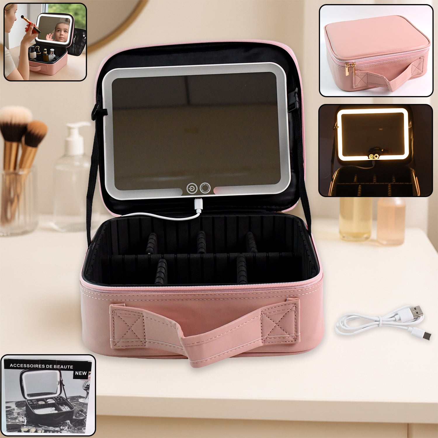 Pink LED Light Premium Makeup Organizer Box – Stylish Storage (1 Pc)